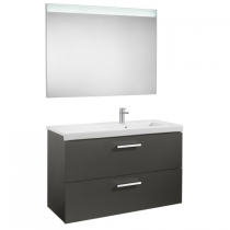 Meuble Unik Prisma 110cm 2 tiroirs Gris anthracite brilant + lavabo à droite + miroir led - ROCA Réf. A855940153