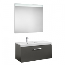 Meuble Unik Prisma 90cm 1 tiroir Gris anthracite brillant + lavabo à gauche + miroir led - ROCA Réf. A855930153