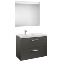Meuble Unik Prisma 90cm 2 tiroirs Gris anthracite brillant + lavabo à gauche + miroir led - ROCA Réf. A855937153