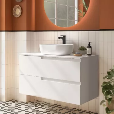 Meuble VIMA 100cm Blanc satin� 2 tiroirs + plan (vasque en option)  - SALGAR R�f. 111810