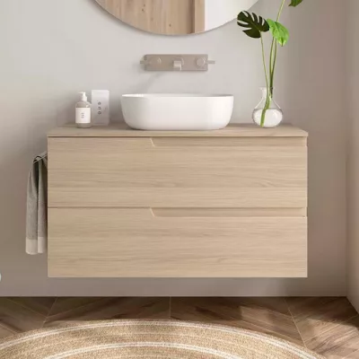 Meuble VIMA 100cm Ch�ne Sienna 2 tiroirs + plan (vasque en option)  - SALGAR R�f. 117966