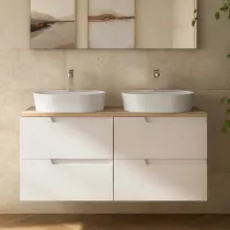 Meuble VIMA 120cm Blanc satin&eacute; 4 tiroirs + plan Ch&ecirc;ne Montana (vasque en option) - SALGAR R&eacute;f. 117951