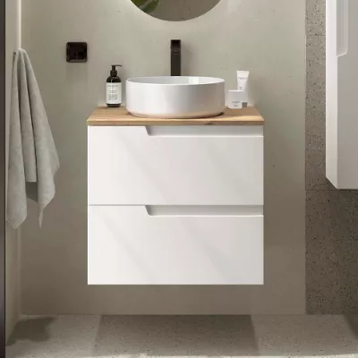 Meuble VIMA 60cm Blanc satin� 2 tiroirs + plan Ch�ne Montana (vasque en option) - SALGAR R�f. 117948