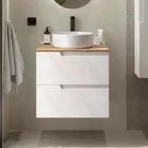 Meuble VIMA 60cm Blanc satin&eacute; 2 tiroirs + plan Ch&ecirc;ne Montana (vasque en option) - SALGAR R&eacute;f. 117948