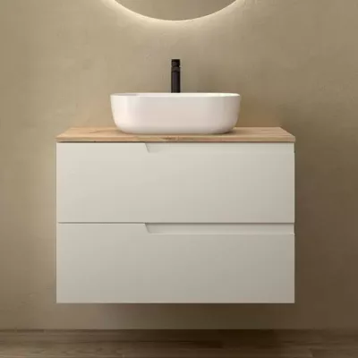 Meuble VIMA 80cm Blanc satin� 2 tiroirs + plan Ch�ne Montana (vasque en option) - SALGAR R�f. 117949