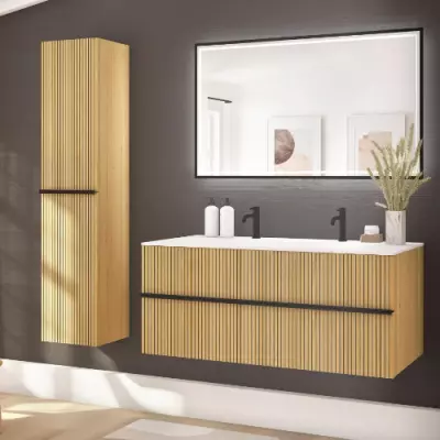Meuble Woody 120cm 2 tiroirs placage ch�ne - Plan-vasque Solidsurface (1 ou 2 mitigeurs) - DECOTEC