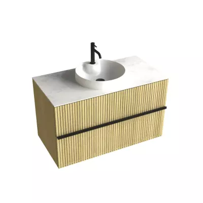 Meuble Woody 90cm 2 tiroirs placage ch�ne - Plan C�ram d�cor + vasque semi-encatr�e - DECOTEC