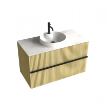 Meuble Woody 90cm 2 tiroirs placage chêne - Plan Céram décor + vasque semi-encatrée - DECOTEC