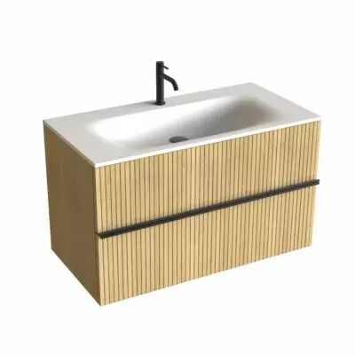 Meuble Woody 90cm 2 tiroirs placage ch�ne - Plan-vasque Solidsurface - DECOTEC