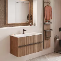 Meuble Woody 90cm 2 tiroirs placage ch&ecirc;ne - Plan-vasque Solidsurface - DECOTEC