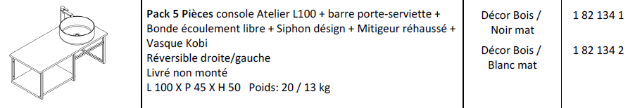 Pack 5 pièces console Atelier 80cm + vasque + bonde + siphon + mitigeur  Décor bois / Noir mat - DECOTEC Réf. 1821331