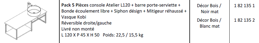 Pack 5 pièces console Atelier 100cm + vasque + bonde + siphon + mitigeur  Décor bois /