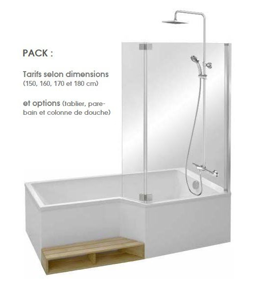 Baignoire bain douche JACOB DELAFON Neo 170 x 90 gauche + pare bain +  tablier + étagère