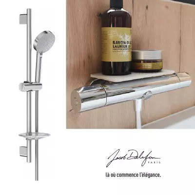 PACK mitigeur bain-douche thermostatique M�tro avec tablette + Ensemble de douche Awaken Chrom� - JACOB DELAFON
