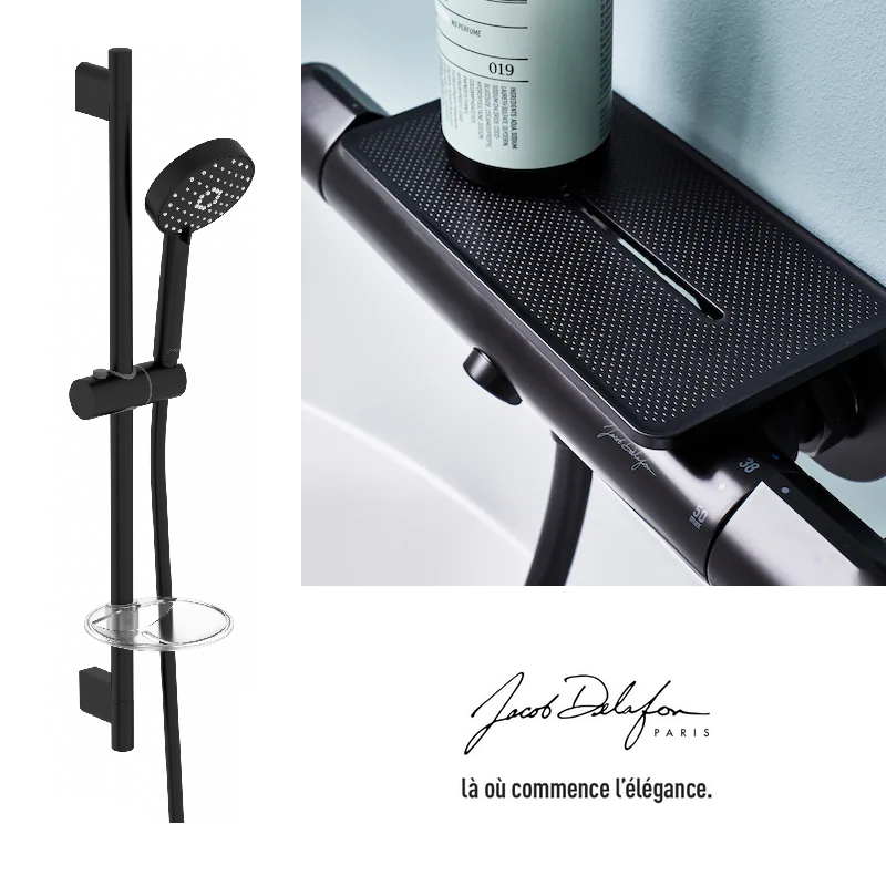 PACK mitigeur bain-douche thermostatique Métro avec tablette + Ensemble de  douche Awaken Noir mat - JACOB DELAFON