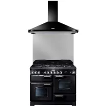 Pack piano Falcon Classic Deluxe 110cm (noir & chrome) avec hotte inox et crédence noire