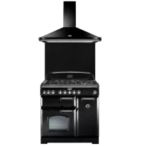 Pack piano Falcon Classic Deluxe 90cm (noir & chrome) avec hotte et crédence noire