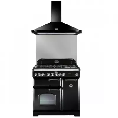Pack piano Falcon Classic Deluxe 90cm (noir & chrome) avec hotte noire et cr�dence inox