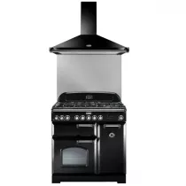 Pack piano Falcon Classic Deluxe 90cm (noir & chrome) avec hotte noire et crédence inox