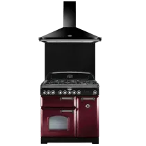 Pack piano Falcon Classic Deluxe 90cm (rouge airelle & chrome) avec hotte et crédence noire