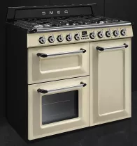 Pack piano Smeg Victoria 100cm gaz (crème) avec hotte et crédence noire
