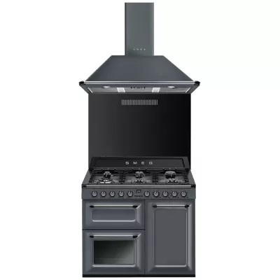 Pack piano Smeg Victoria 100cm gaz (gris ardoise) avec hotte et cr�dence noire