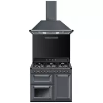 Pack piano Smeg Victoria 100cm gaz (gris ardoise) avec hotte et crédence noire