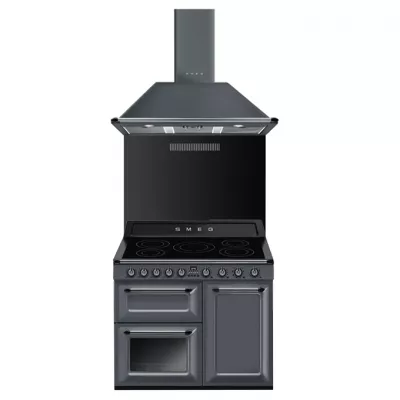 Pack piano Smeg Victoria 100cm induction (gris ardoise) avec hotte et cr�dence noire