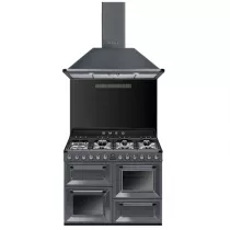 Pack piano Smeg Victoria 110cm gaz (gris ardoise) avec hotte et crédence noire
