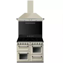 Pack piano Smeg Victoria 110cm induction (crème) avec hotte et crédence noire