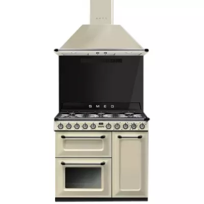 Pack piano Smeg Victoria 90cm gaz (cr�me) avec hotte cr�me et cr�dence noire