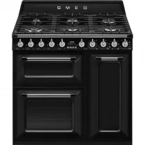 Pack piano Smeg Victoria 90cm gaz (noir) avec hotte et crédence noire