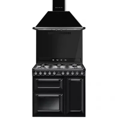 Pack piano Smeg Victoria 90cm gaz (noir) avec hotte et cr�dence noire