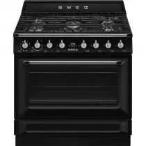 Pack piano Smeg Victoria 90cm gaz (noir) avec hotte et crédence noire