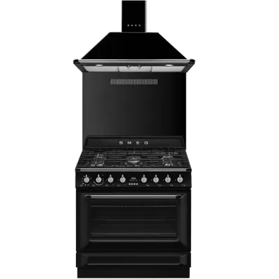Pack piano Smeg Victoria 90cm gaz (noir) avec hotte et cr�dence noire