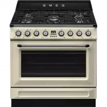 Pack piano Smeg Victoria 90cm gaz avec hotte crème et crédence noire