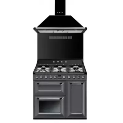 Pack piano Smeg Victoria 90cm gaz avec hotte gris ardoise et cr�dence noire