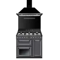 Pack piano Smeg Victoria 90cm gaz avec hotte gris ardoise et crédence noire
