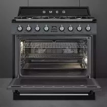 Pack piano Smeg Victoria 90cm gaz avec hotte gris ardoise et crédence noire