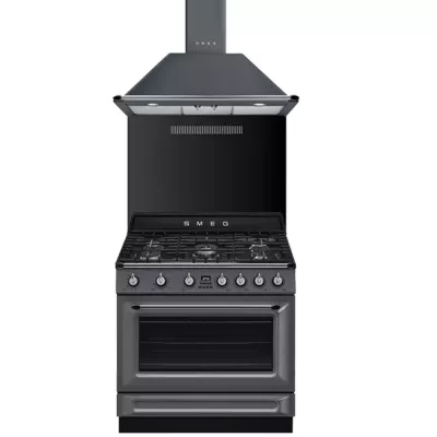 Pack piano Smeg Victoria 90cm gaz avec hotte gris ardoise et cr�dence noire