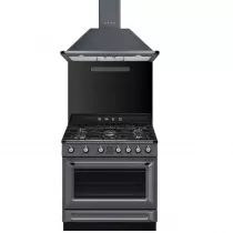 Pack piano Smeg Victoria 90cm gaz avec hotte gris ardoise et crédence noire