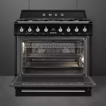 Pack piano Smeg Victoria 90cm gaz noir avec hotte