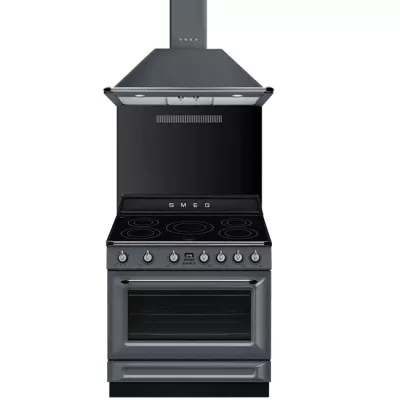 Pack piano Smeg Victoria 90cm induction avec hotte gris ardoise et cr�dence noire