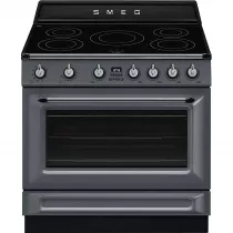 Pack piano Smeg Victoria 90cm induction avec hotte gris ardoise et crédence noire