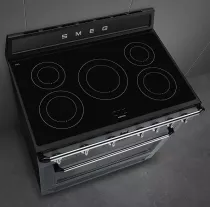 Pack piano Smeg Victoria 90cm induction avec hotte gris ardoise et crédence noire
