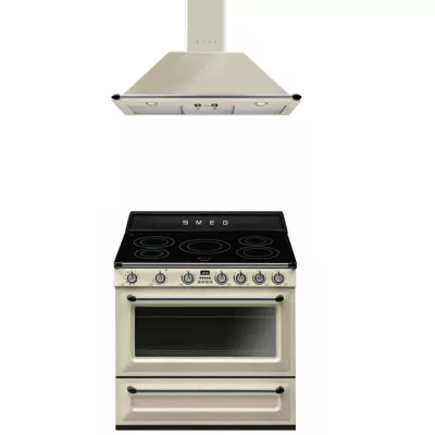 Pack piano Smeg Victoria 90cm induction cr�me  avec hotte