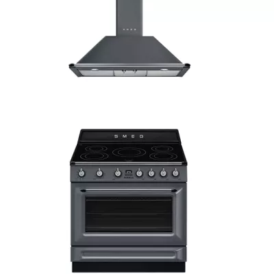 Pack piano Smeg Victoria 90cm induction gris ardoise avec hotte