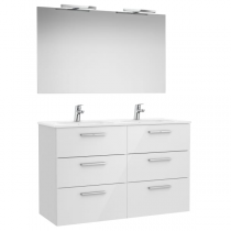 Pack Unik Victoria 120cm 6 tiroirs Blanc brillant + plan vasque double + miroir + appliques - ROCA Réf. A851609806