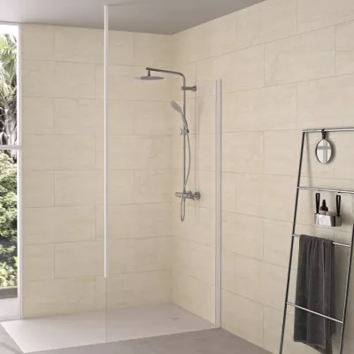 Paroi simple Walk-In Solo 6+ 90cm verre transparent profil� Blanc grain� / m�t fixation plafond - KINEDO R�f. PA2414BTNEM