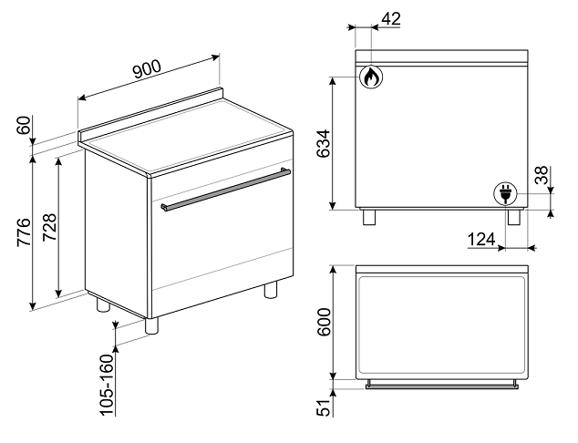 Smeg BG91PX2 Concerto Cuisine d'approche 90 x 60 - 5 feux gaz + 1 four  électrique - inox